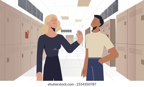 A clean vector illustration of two individuals chatting in a bright school hallway. Featuring lockers, tiled flooring, and soft tones, this artwork conveys a friendly and contemporary educational vibe