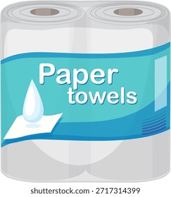 Ilustración vectorial limpia de dos rollos de toalla de papel en embalaje de plástico azul, estilo plano