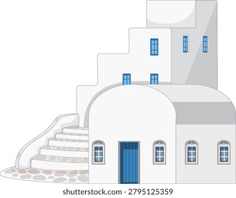 Clean vector illustration of a white Mediterranean building with blue accents on white background.