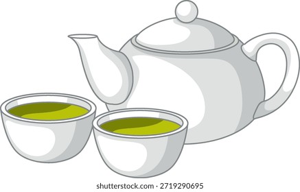Ilustração vetor limpa de um bule branco e duas xícaras cheias de chá verde