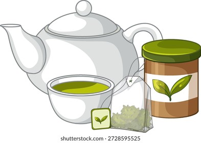 Limpie la Ilustración vectorial de una tetera blanca, una taza de té verde, una bolsita de té y un bote