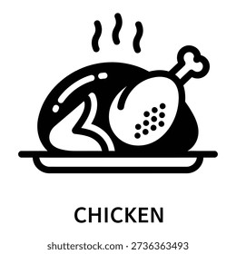 A clean vector illustration of a whole roasted chicken, steaming hot on a platter, symbolizing a classic holiday meal, poultry dishes, or comforting food.