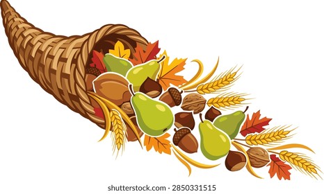 A clean vector illustration of a wicker cornucopia or horn of plenty spilling over with fall harvest items. The illustration includes green pears, assorted nuts like walnuts and acorns, golden wheat stalks, and colorful maple leaves in orange and red tones, isolated on a solid white background.
