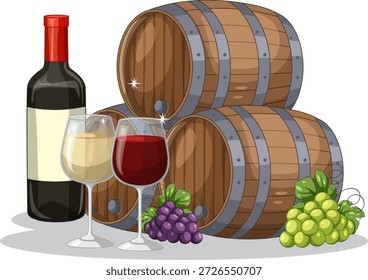 Ilustración vectorial limpia de vasos de botella de vino uvas y barriles sobre un fondo blanco