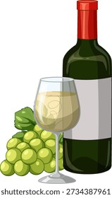 Clean vector illustration of a wine bottle, filled glass, and green grapes on white background