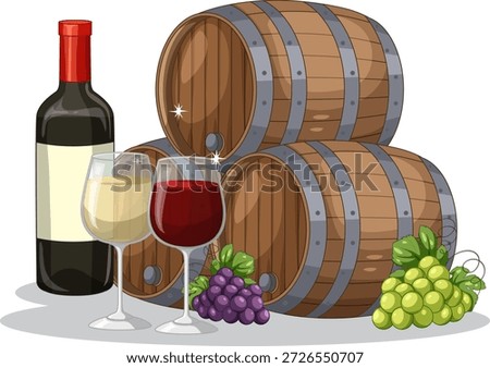 Clean vector illustration of wine bottle glasses grapes and barrels on a white background