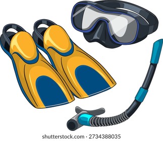 Clean vector illustration of yellow and blue flippers, a diving mask, and a snorkel