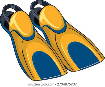 Clean vector illustration of yellow and blue swim fins isolated on a white background