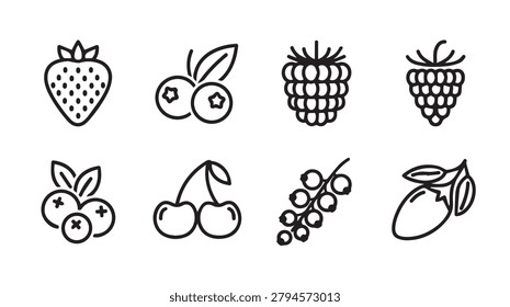 Clean vector illustrations of diverse berries and fruits including strawberry blueberry raspberry and cherry presented with minimalist leaf accents. Ideal for healthy food branding dietary graphics.