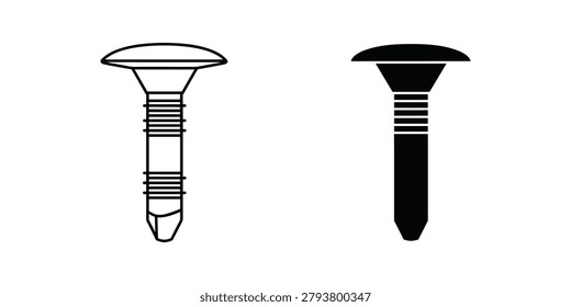 Clean vector illustrations of a flat head screw in two styles outline and solid black. Useful for industrial design manufacturing and repair concepts.