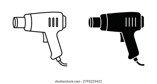 Clean vector illustrations of a heat gun one line art and one filled black. Useful for DIY repair or industrial contexts.