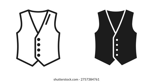 Clean vector illustrations of a waistcoat, offered in both outline and solid black. Represents formality, tradition, and professional attire. Ideal for fashion blogs, business websites, or menswear branding.