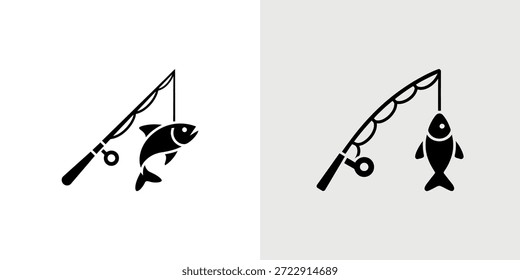 A clean vector image depicting a fishing rod successfully catching a jumping fish.