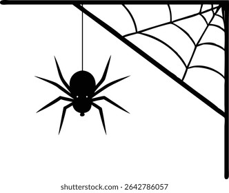 A clean vector image showing a black spider suspended from a web in a corner, set against a stark white background. Spooky design for Halloween.