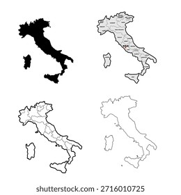 
Conjunto de siluetas de mapas de Vector limpio de Italia que incluye negro sólido, contorno y versiones mínimas para diseños de infografía y editoriales profesionales.
