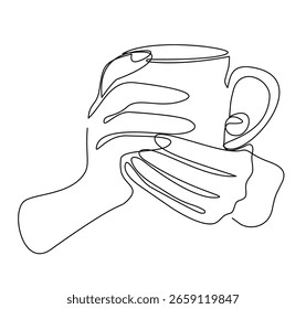 Limpie el arte de línea de Vector de la mano sosteniendo una taza desde un lado. Ideal para temas relacionados con bebidas, carteles minimalistas o activos de marca.
