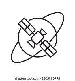 Clean vector line art icon depicting a satellite orbiting a planet, isolated on a white background, symbolizing global communication, space technology, and orbital mechanics.