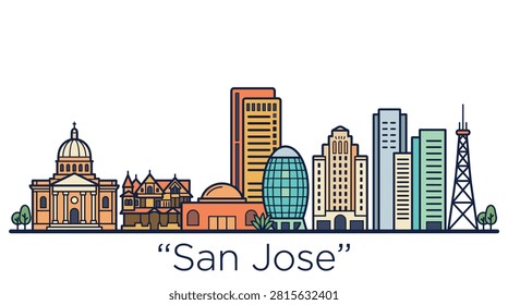 A clean vector line art illustration of the San Jose city skyline featuring famous local landmarks for travel and tourism designs.