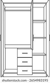 Arte de línea de Vector limpio de un armario abierto que muestra estantes, cajones y varilla colgante. Ideal para catálogos de muebles, diseño de interiores o visuales de concepto de almacenamiento.