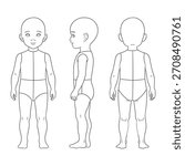 A clean vector line-art child body template showing front, side, and back views. Ideal for children’s clothing design, pattern drafting, fashion sketches, and product illustrations.