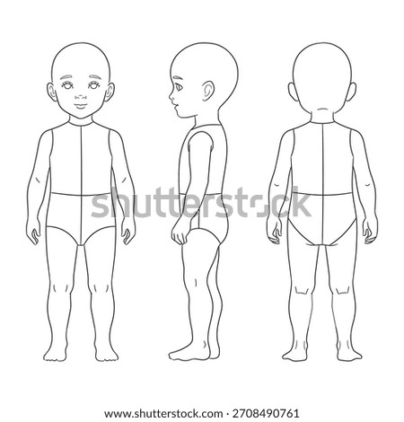 A clean vector line-art child body template showing front, side, and back views. Ideal for children’s clothing design, pattern drafting, fashion sketches, and product illustrations.