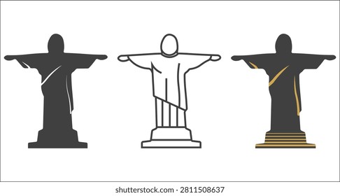 Clean vector logo collection featuring Christ the Redeemer in solid, outline, and accent variations. Created for tourism branding, cultural promotions, hospitality businesses, editorial publishing, destination marketing, and premium merchandise.