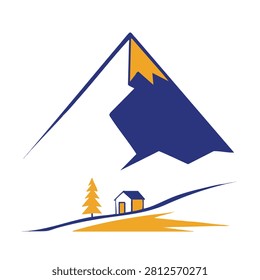 A clean vector logo design featuring a stylized mountain peak above a small house and a single pine tree