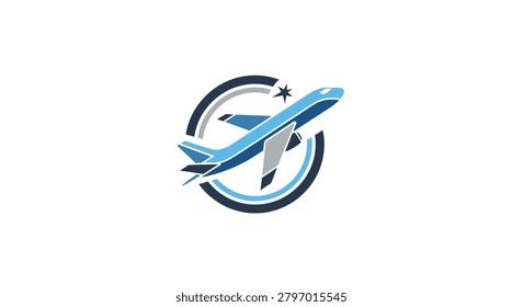 A clean vector logo featuring a stylized blue airplane flying through a dark blue circular orbit with a small star icon.