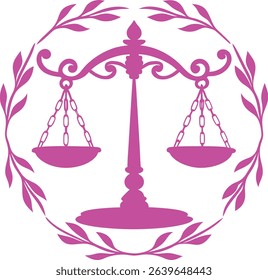 A clean vector logo portraying scales of justice blooming with ivy, representing fairness, wisdom, and sustainability.