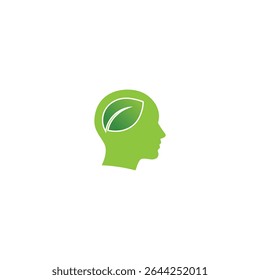 A clean vector logo showing a human head with a green leaf symbolizing natural mental healing, wellness therapy, and inner peace. Ideal for health brands and counselors.