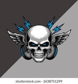 Clean vector logo of a stylized skull head with lightning bolts and winged wheels, flat design, modern motorcycle club aesthetic