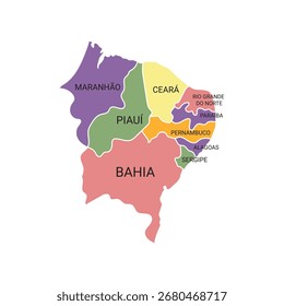 Mapa de Vector limpio de la región noreste de Brasil sobre fondo blanco