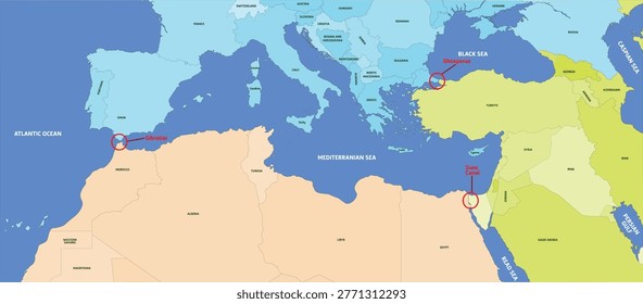 A clean vector map illustrating major maritime choke points connecting the Mediterranean Sea to surrounding regions. Highlighted locations include the Strait of Gibraltar linking the Atlantic Ocean, the Bosphorus Strait connecting to the Black Sea, and the Suez Canal providing passage to the Red Sea. 