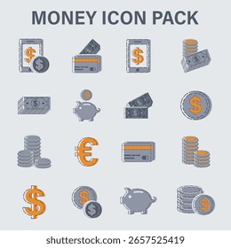 Clean vetor money icon pack com 20 ícones financeiros: moedas, contas, cartões de crédito, mealheiros e símbolos de moeda em estilo moderno plano com tons de laranja e cinza.