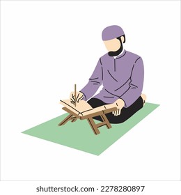 CLEAN VECTOR MUSLIM MUSLIMAH PRAYING DUA SALAH  READ QURAN