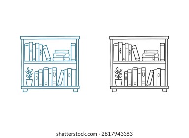 A clean vector outline drawing featuring two versions of a library bookshelf filled with various books and a small decorative houseplant in a pot.