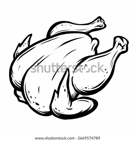 A clean vector outline illustration of a whole roasted chicken. This simple yet detailed line art is perfect for coloring books, menu designs, recipe templates, educational materials about food