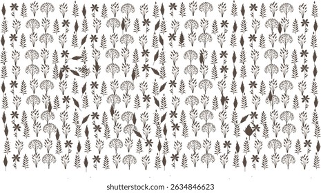 A clean vector pattern with repeating dark brown hand-drawn trees. Great for eco packaging, rustic style designs, and stationery