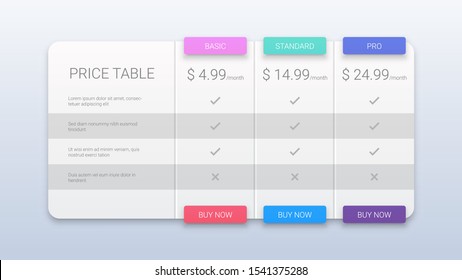 Clean Vector Pricing Table Template On White Background