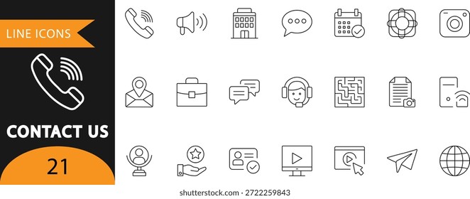 Ein sauberer Vektorsatz von 21 Kontaktsymbolen mit Telefon-, Chat-, E-Mail-, Kalender-, Support-Agenten und Kommunikationstools. Ideal für Kunden-Support-Seiten, Hilfe-Center-Infografiken, Service-Dashboards und Unternehmens-Websites.
