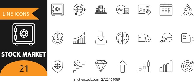 Un conjunto de Vectores limpios de 21 íconos de línea del mercado de valores con crecimiento de la inversión, gráficos de operaciones, Carteras, gestión de riesgos y símbolos de análisis financiero. Ideal para presentaciones de finanzas, informes de mercado, paneles de inversión e infografías de negocios.
