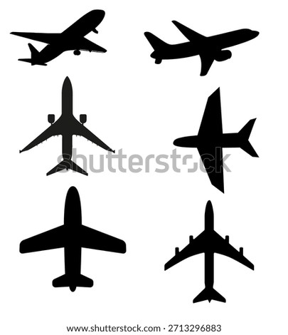 A clean vector set of airplane silhouettes featuring multiple aircraft types in simple black shapes. Perfect for aviation icons, travel graphics, flight apps,and  navigation symbols.
