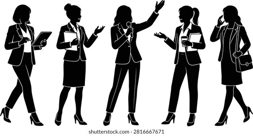 A clean vector set of black silhouettes illustrating businesswomen engaged in various corporate activities such as speaking with a microphone, talking on the phone, holding tablets, and presenting ideas. Perfect for business presentations, human resources materials, corporate websites, and marketing graphics.
