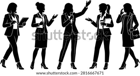 A clean vector set of black silhouettes illustrating businesswomen engaged in various corporate activities such as speaking with a microphone, talking on the phone, holding tablets, and presenting ideas. Perfect for business presentations, human resources materials, corporate websites, and marketing graphics.