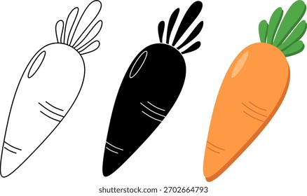 Clean vector set of carrot outline, silhouette, and full-color version. Simple, bold, and editable design perfect for icons, stickers, prints, and branding.