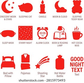 A clean vector set featuring bedtime icons like a crescent moon sleeping cat candle alarm clock book and hot cocoa. Ideal for wellness and rest campaigns.