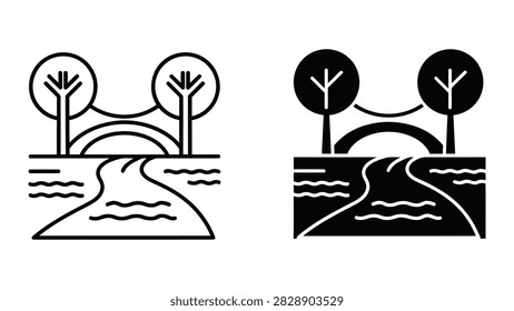 A clean vector set illustrating a bridge spanning across a river flanked by trees available in both outline and solid black styles for professional design use.