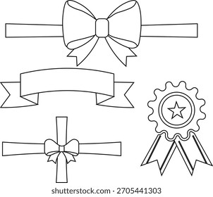 A clean vector set of line-art ribbon bows, award badge, and banner elements. Perfect for invitations, labels, celebrations, and decorative design projects.