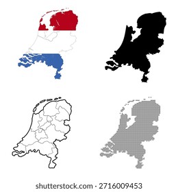 Clean vector set of Netherlands country map silhouettes featuring flag filled, solid black, and outline styles. Ideal for geography, travel, education, infographic, and cartography projects.
