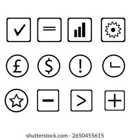 A clean vector set of outline business and finance icons in square boxes. Includes dollar, euro, chart, settings, alert, plus, minus, and more. Perfect for UI design, infographics, and app interfaces.